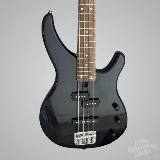 Yamaha 4-string; Exotic wood, flamed mango top, solid alder body, maple neck, rosewood fingerboard, one split single-coil and one straight single-coil pickup; Translucent Black